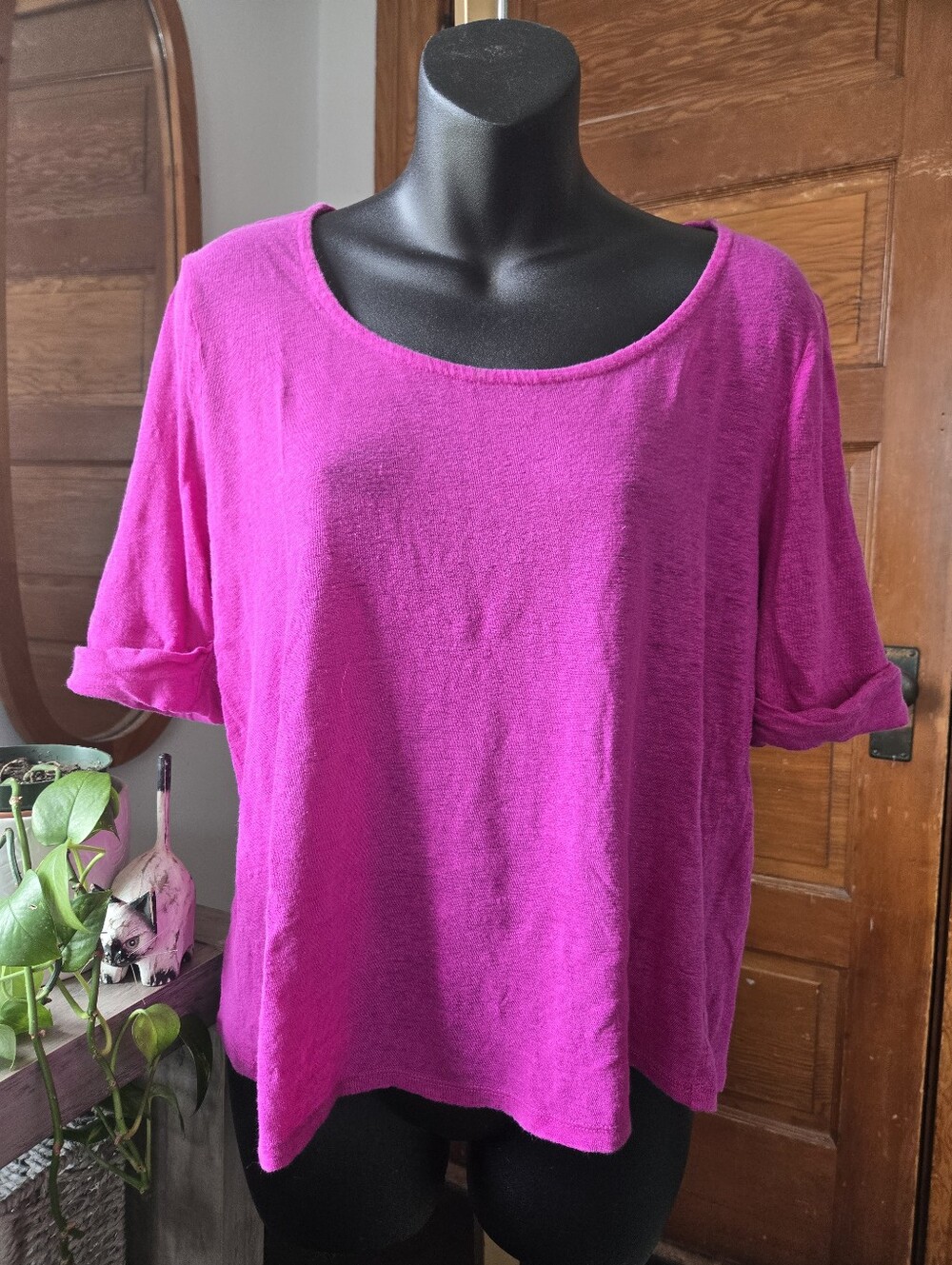 Ralph Lauren Fuschia 100% Linen Wide-Neck 1/2 Sleeve Crop Too XL - Picture 1 of 7